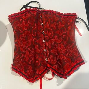 Red Brocade Corset Top with Black Accents